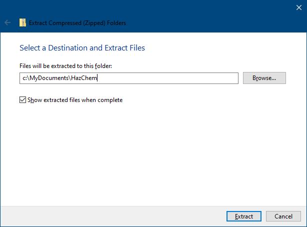Screen capture of a Windows dialogue box with the Extract button indicated