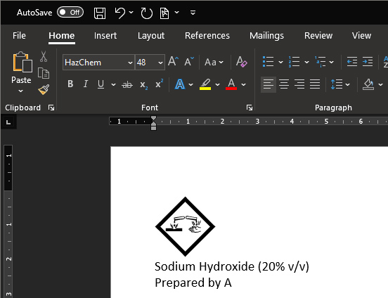 Screen capture of Microsoft Word with the HazChem font in use