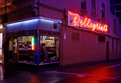 This long Pellegrini's neon sign advertises a Melbourne culinary institution